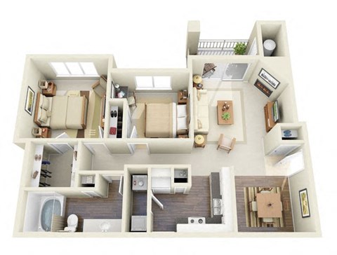 Cezanne 2 Bedroom 2 Bathroom 3D Floor Plan near me